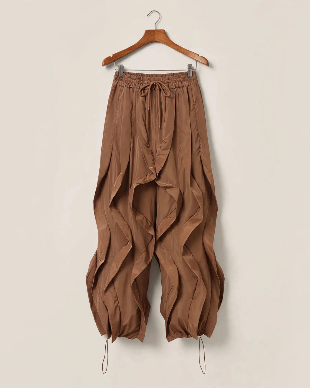 Pantalón Ancho Cintura Elástica - Efecto Volantes Marrón