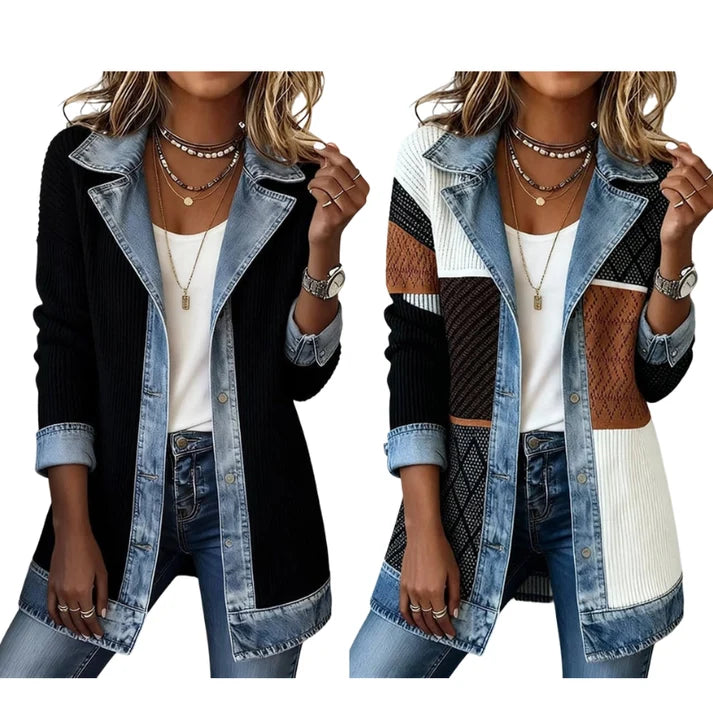 ⌛Oferta por tiempo limitado: elegante chaqueta vaquera para mujer con inserciones de punto acanalado