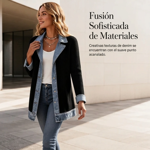 ⌛Oferta por tiempo limitado: elegante chaqueta vaquera para mujer con inserciones de punto acanalado