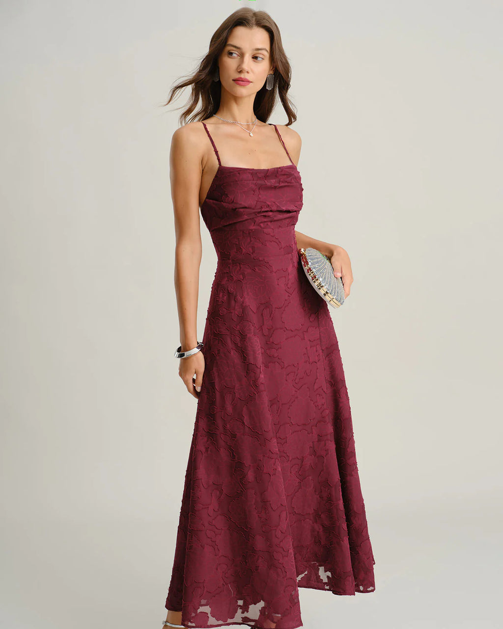 Vestido largo de jacquard color rojo vino